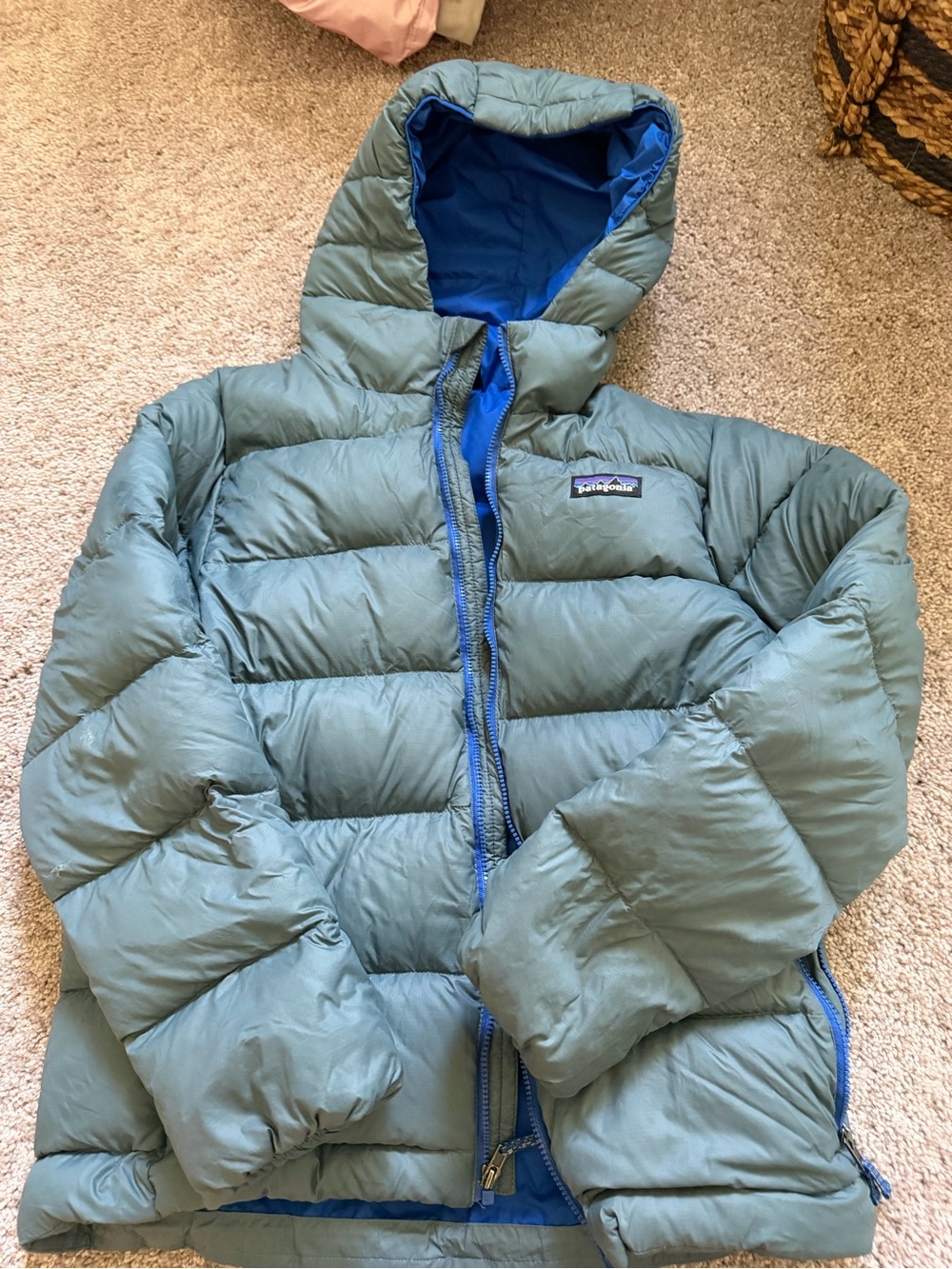 Patagonia youth Down Puffer Jacket in Sage Green with Blue Lining